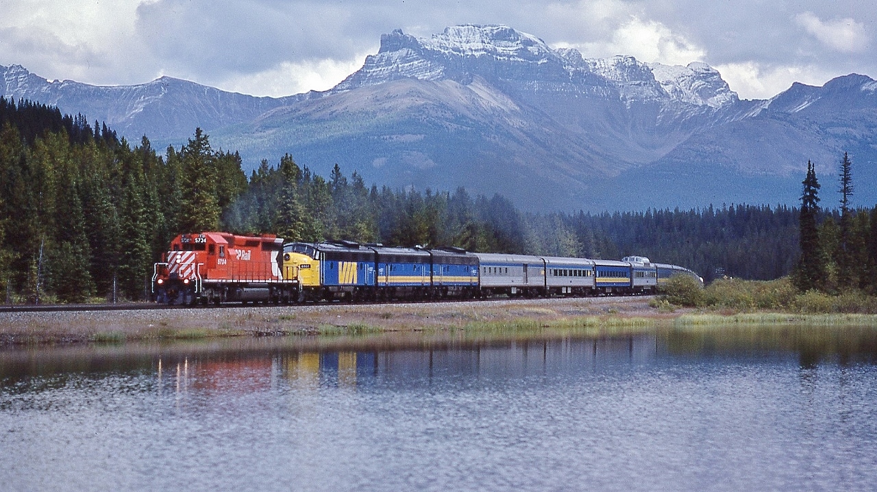 CP Rail SD40-2 #5734 in charge of VIA #1 'Canadian' near the Continental Divide 


 at Stephen, B.C., Sept 8, 1983 Kodachrome by John Baker, collection of Steve Danko