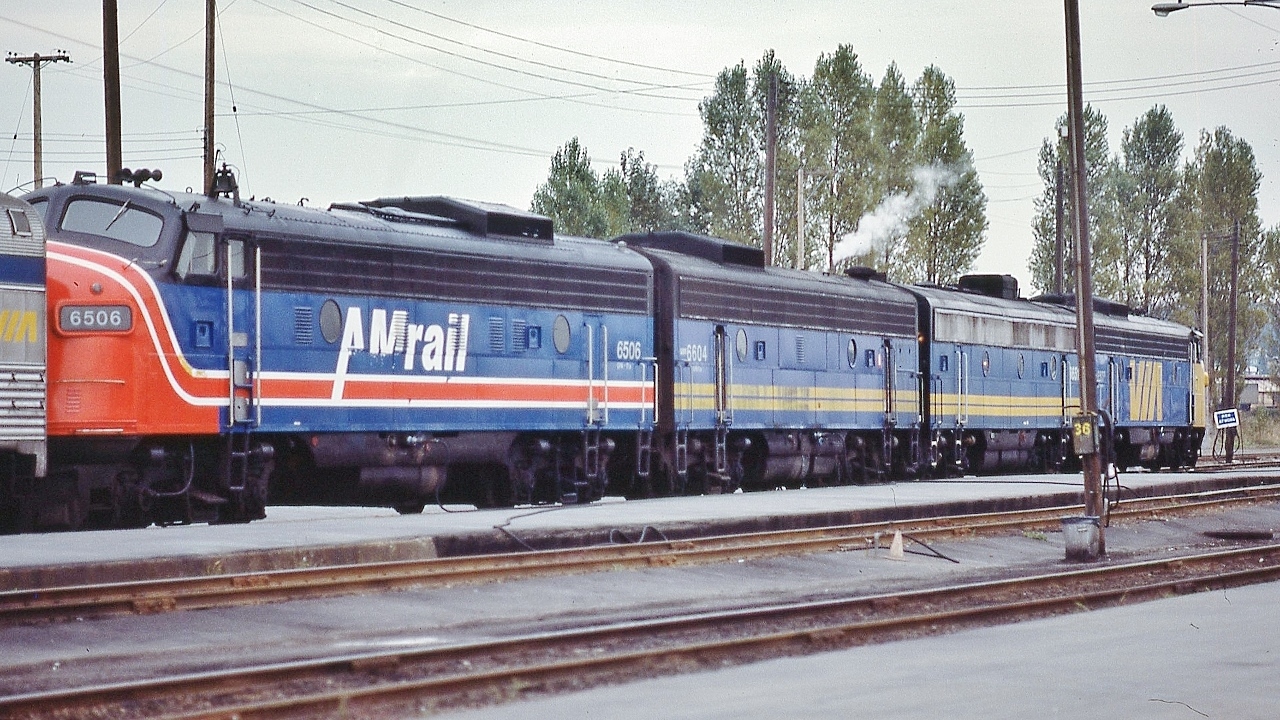 AMrail #6506


 VIA 6506 in AMrail livery for the Next-to-Last Train Ride 1984 movie that starred  [ a young ] Jim Carrey


 lash up includes 65xx – 6651 – 6604 – 6506, the first B unit is definitely ex CP given the roof snow box (shield).


  At Vancouver station,  1983 Kodachrome by John Baker, collection of Steve Danko 
 

 what's interesting: Amrail 6506 returned to VIA 6506 livery then by 1991  to ACR 1751 then to the Gettysburg Railroad.