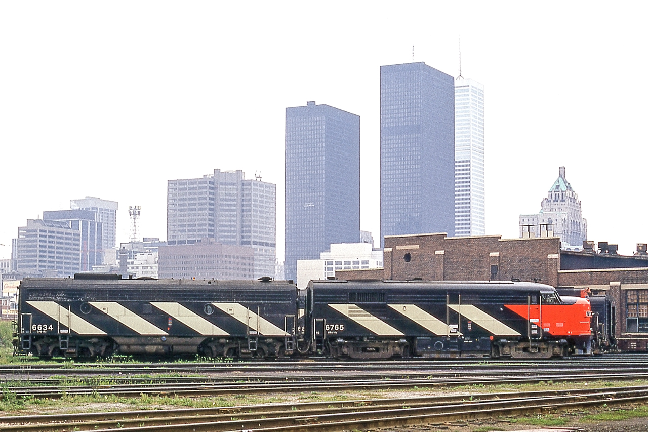 CN 6765 and 6634 are sitting at CN's Spadina engine facility in Toronto in June 1972.