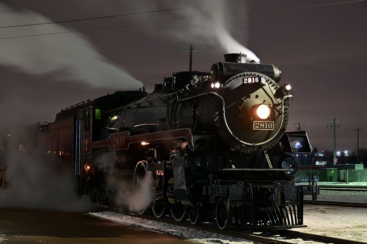 Steaming away in the darkness after a full day of testing, 2816 cuts a majestic profile between the buildings of CP's Ogden campus.