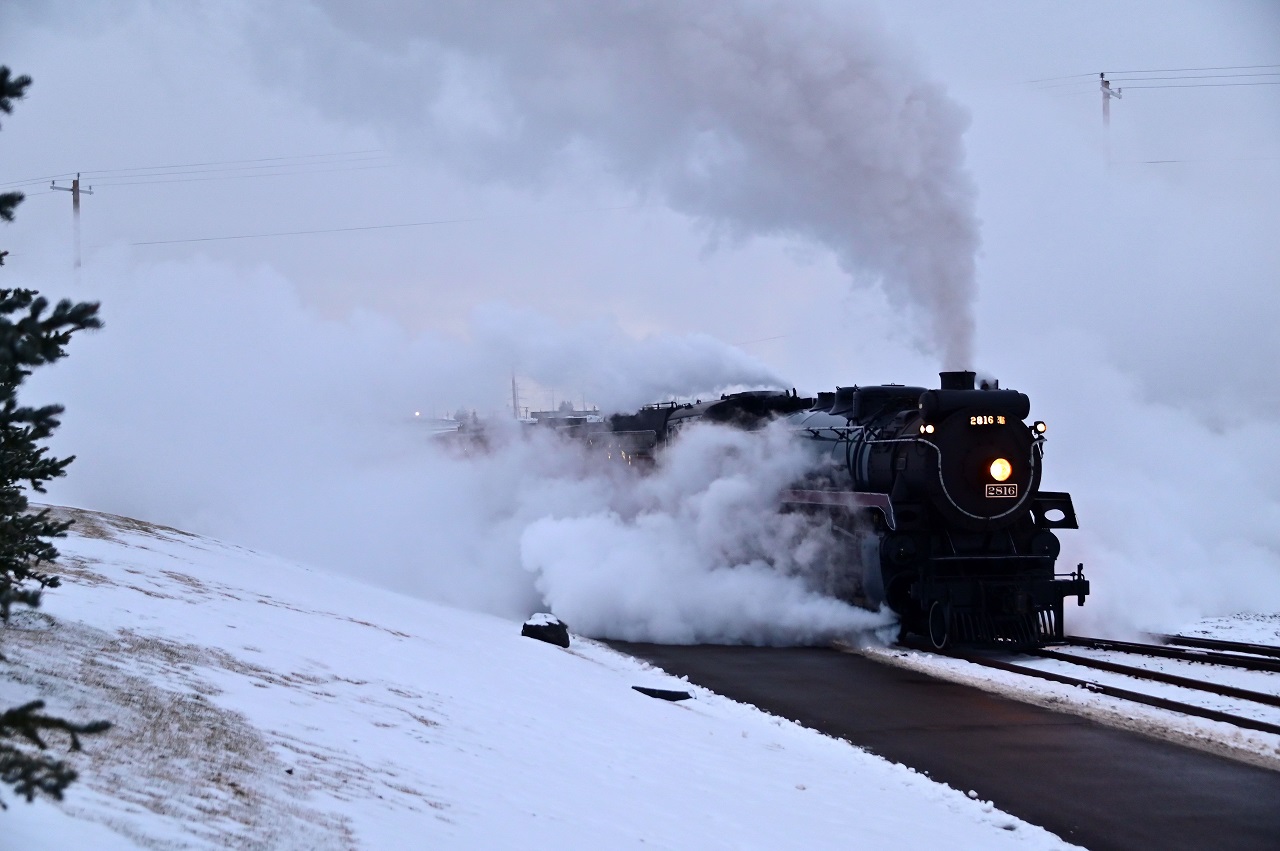 Looking like she could be pulling "The Dominion", 2816's steam creates a time warp in the cold winter air at CP's Ogden campus.  Although the track is a yard lead and not the main line, the date could easily be 1940 instead of 2020 as the proud Hudson struts her stuff during testing for the "Holiday Train at Home".