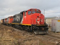 CN 540 or 568 trundles south to switch out Ampacet in south Kitchener with a trio of GP40 widecabs. This is a less-used stretch of the Huron Park Spur south of the CN/CP interchange, and essentially terminates at Ampacet. The spur line was also used to service the former Budd Automotive plant. 