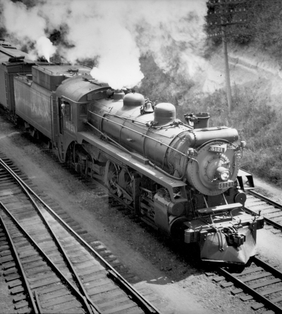 Train no. 11 with engine 5121 taken looking down from old Second Narrows bridge.