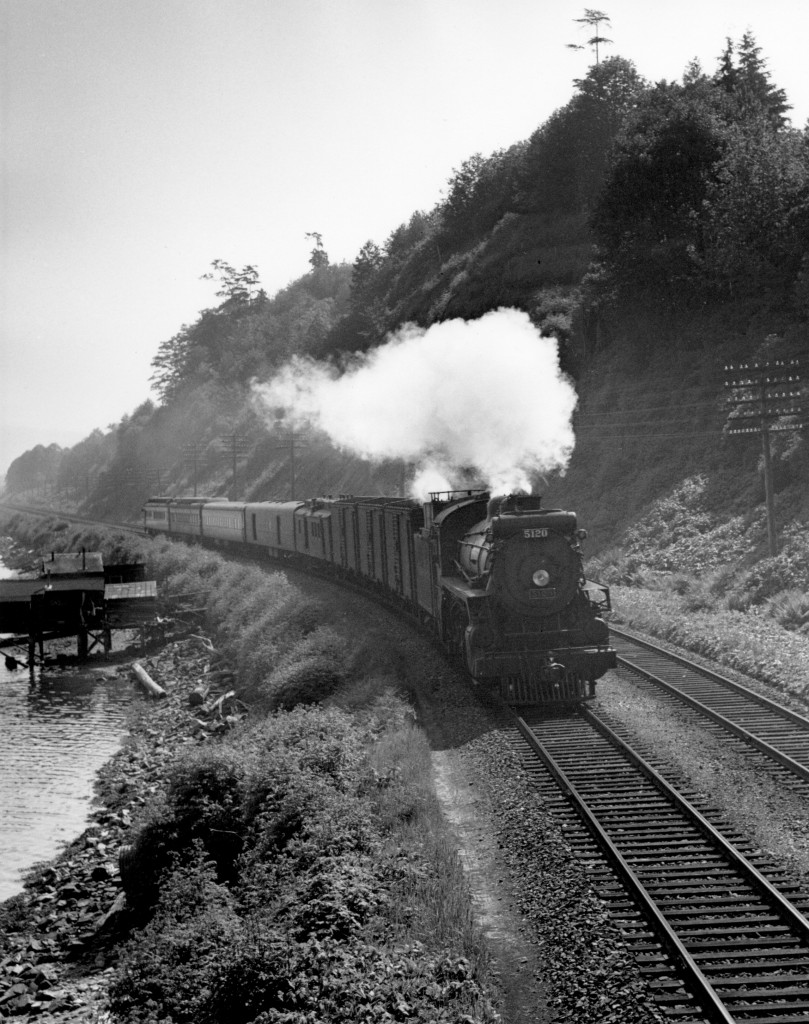 Kettle Valley train no. 11 with engine 5120 along Burrard Inlet.