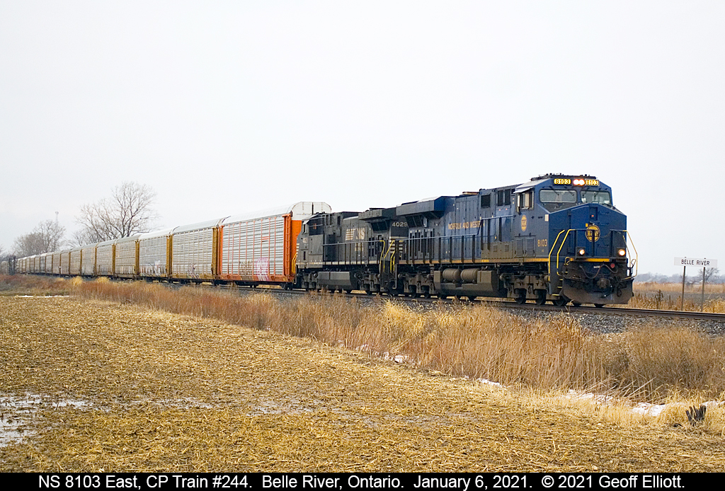 First shot of 2021 and it's a little 'heritage' of a different color.  NS 8103, the 'Norfolk and Western' heritage unit, leads CP train #244 through Belle River, Ontario today.  Within eyesight of this spot is the now VIA Chatham Subdivision where N&W F and GP units in this very color scheme roamed when I was but a young boy.  This is the second time I've seen this unit, the first back in 2012 in West Virginia while trailing the Pennsylvania HU.  Great way to start off 2021, and hopefully this is a sign of a good year to come overall......