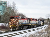 Well this can get added to the list of "things I thought I would never see." The best I had done prior to 2021 was back in 2018, a Canadian Cab dash 9 led a pair of BCOL cowls on the Halton. This exceeds that... by a lot... 6 days in, too early for "catch of the year?"
CN 318 rolls south through Thornhill Ontario approaching Doncaster Jtn with BCOL 4619 and BCOL 4608. The Bala sub has been sending various "cowl" leaders throughout the pandemic, and I decided to finally go for one. Right after this, the pair went west trailing an SD75I before splitting up.

Side note: on the other side of BCOL 4619, a panel has been replaced near the back of the locomotive. The new panel has a "CN Zebra stripe."