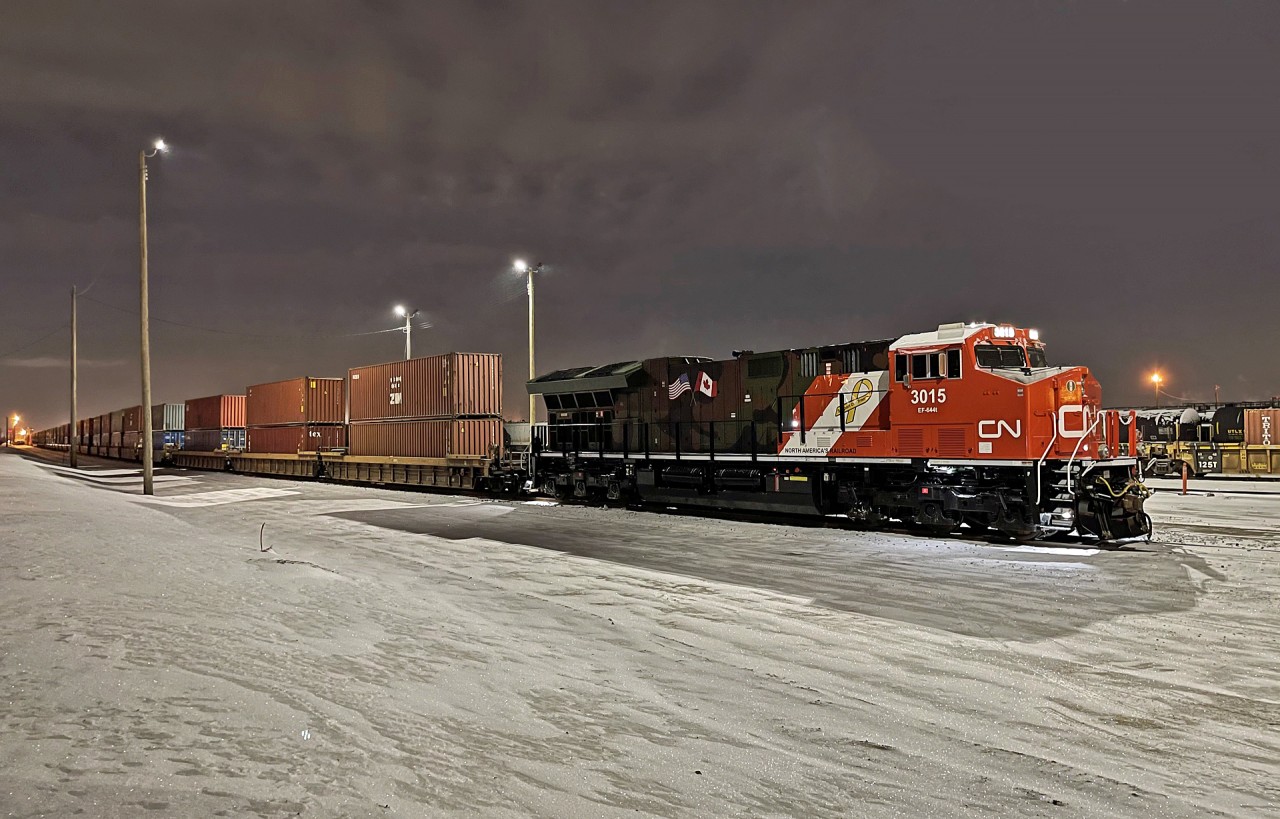 CN 3015 has arrived Walker Yard in Edmonton for fueling and a crew change on a cold January morning.