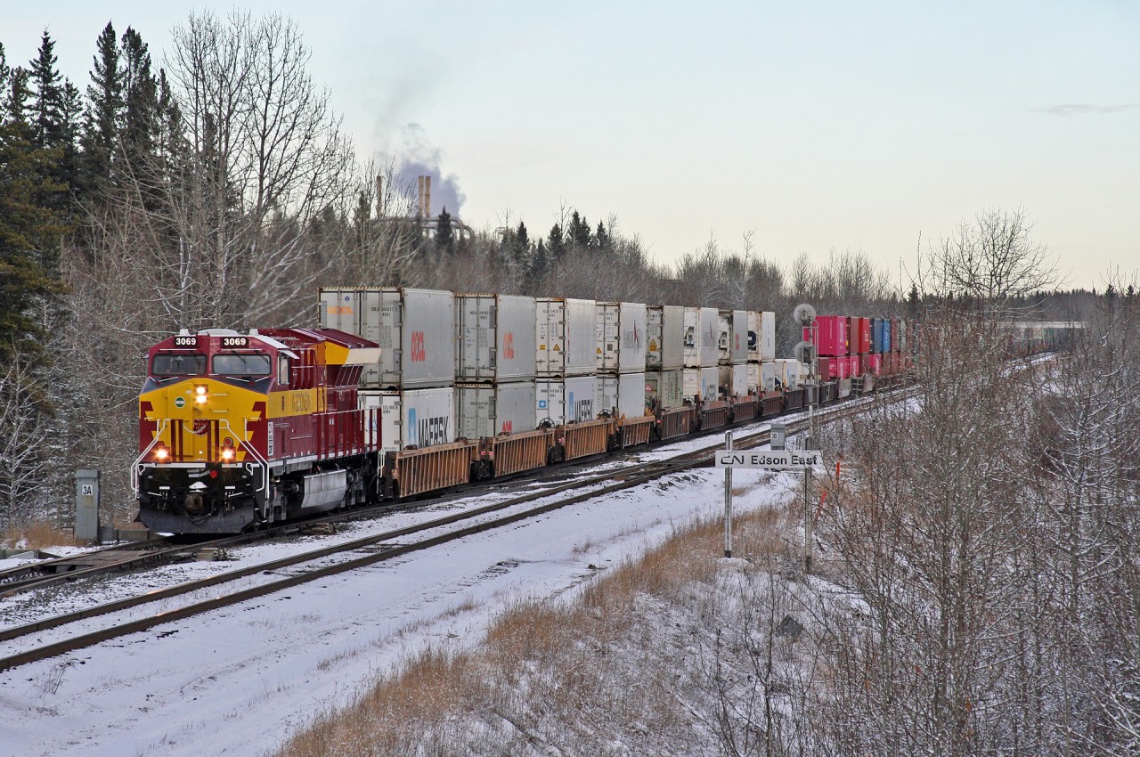 CN 3069 leads train Q 11791 21 into Edson for a crew change.  As luck would have it, the sun would come out shortly after this picture - however CN 117 would be held back for a fleet of 5 eastbounds and then delayed behind 301 which stalled at Big Eddy due to a power failure.  117 would get rolling again shortly after sunset.