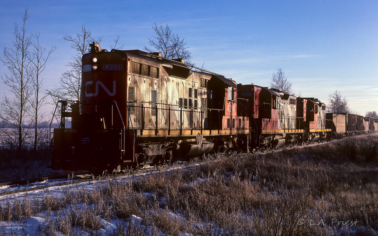 The shortest day of the year was just over a week away and you can sure tell. Only 15:00 and already it was low sun time in the western sky. The 4214, 4285, and 4232 have 40 empty hoppers and cab 79213 for a train today. They will return tomorrow night at 23:00, giving the town of Redwater a rumbling aural display of 3 GP9's climbing the hill on a cold winters night. Photo taken at a farm crossing about 3.5 miles north of Egremont.