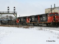 The previous day's CN 434 is slowly making progress as it completes it's lift at Paris, Ontario on the Dundas Subdivision with a trio of SD75I's that included; 5655, 5743 and 5693. 