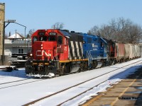 To follow-up on Kevin Flood's recent post of CN 4713 in summer weather, less than a year later 4713 would return to the Guelph Subdivision. 
<br>
CN L568 with 4713, GMTX 2284 and 7081 are slowly coming down the siding in Kitchener, Ontario and will follow VIA 85 to Stratford on the Guelph Subdivision. February 8, 2020.