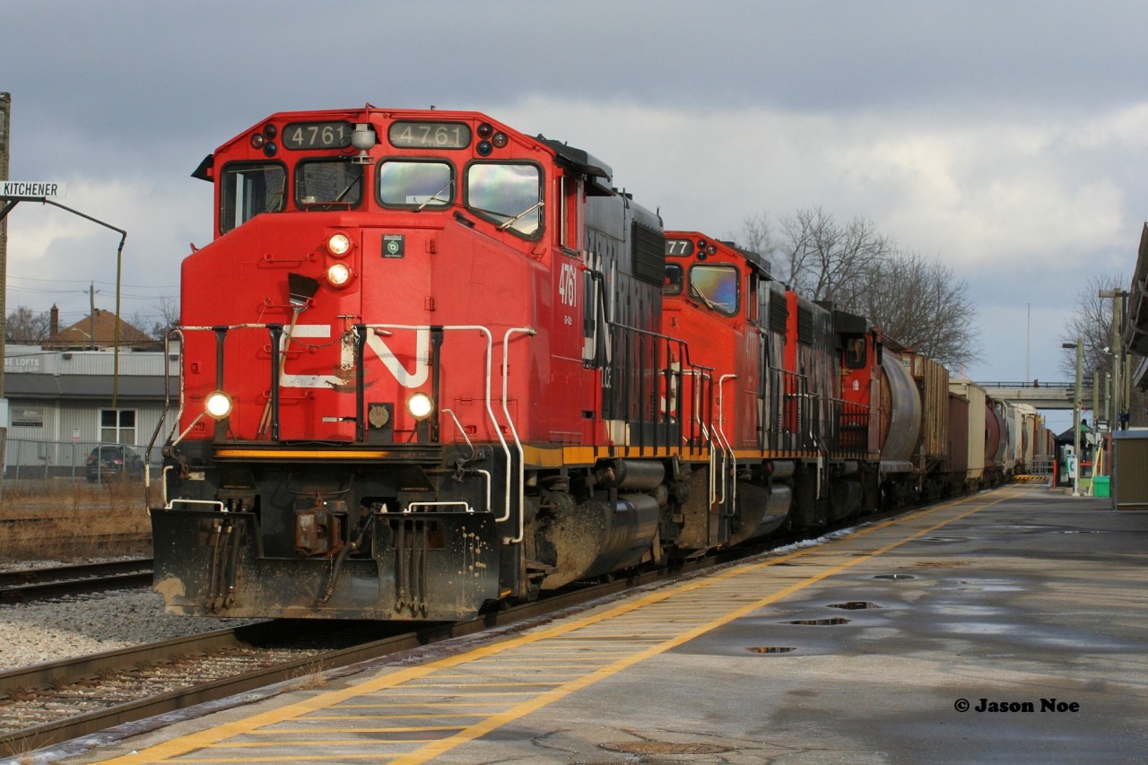 After seeing Seth B's recent posted photo of CN 4763 at Redwater in 1988 it reminded me of when for the first time I witnessed three CN GP38-2(W)'s together for the only time in Kitchener 31 years after his photo.

Here CN train L540 with a trio of GP38-2(W)’s 4761, 4777 and 4781 is seen passing by the VIA Rail station in Kitchener heading to the Huron Park Spur with a sizeable train. The train worked the interchange with Canadian Pacific as well as switched Ampacet Canada Corporation. Also, this was the only time since that a train worked the Huron Park Spur with three GP38-2(W)’s.