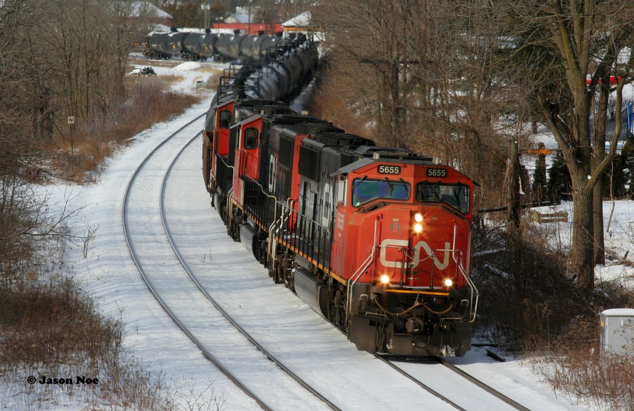 After completing it's work, a very delayed CN 434 is slowly departing Paris on the Dundas Subdivision with a trio of SD75I's that included; 5655, 5743 and 5693.