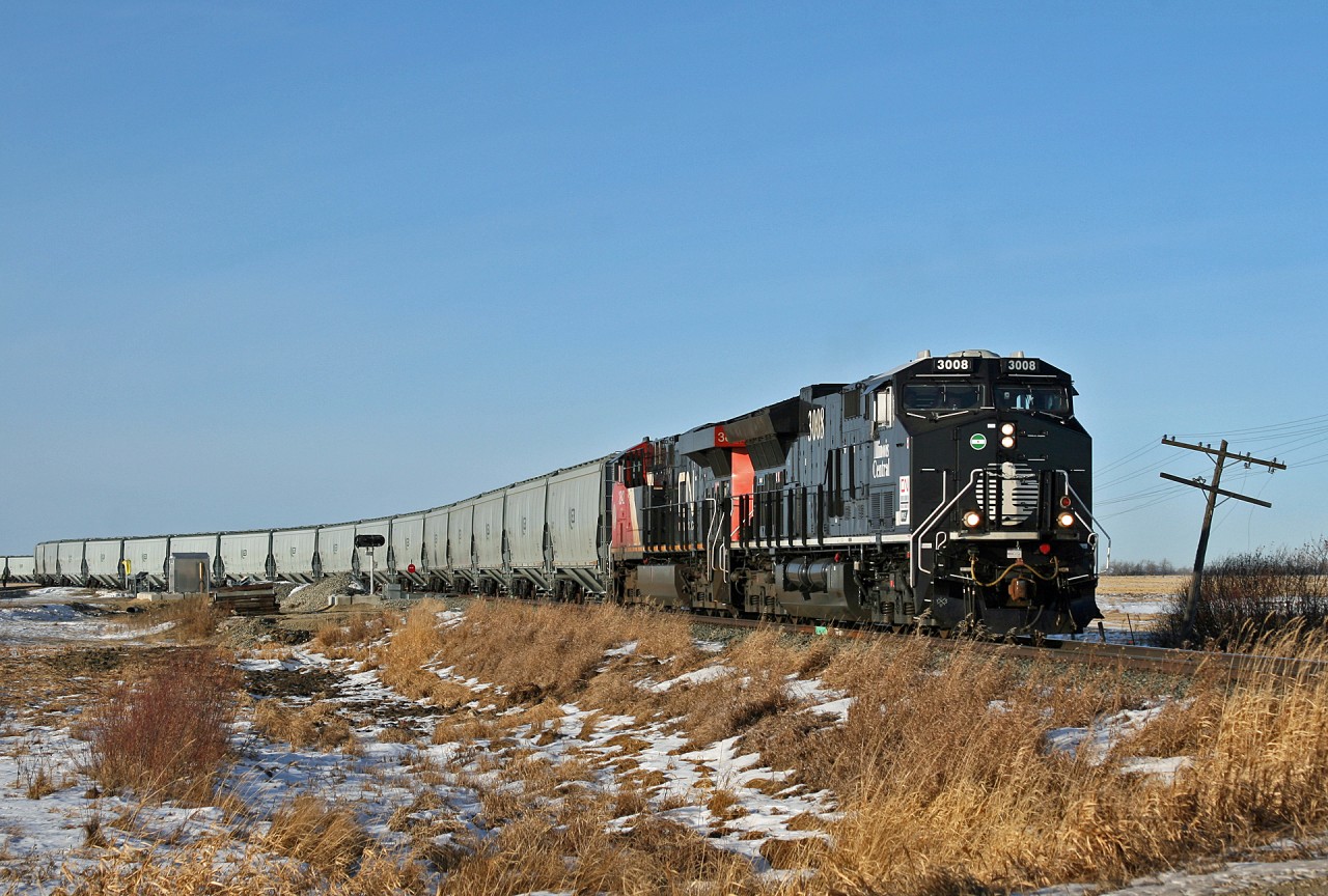 CN L 59151 05 pulls out of the G3 Elevator loop track just north of Morinville, Alberta, with CN 3008, CN 3842 on the head end, CN 2841 in the middle of the train and CN 2879 on the tailend. This 150 car, 20959 ton train will operate as L 59151 05 down the former NAR to Edmonton and then be repowered for the trip to the coast.