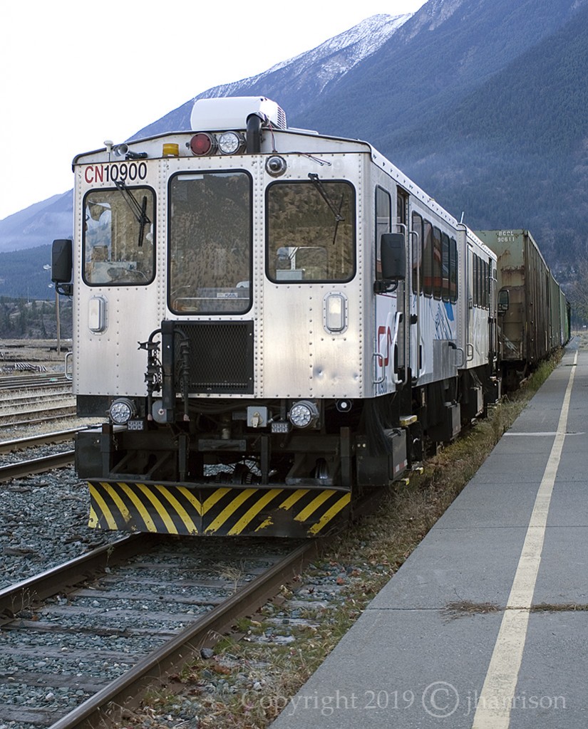 Another shot of the Kaoham Shuttle consisting of CN 10800 (ex BCOL TU-108) and CN 10900 (ex BCOL TU-109) built by Jim Busby Services in 1999 and purchased by BC Rail in 2002. The units were upgraded I believe, in 2012, with among other things, washrooms, air conditioning, improved heating and bike racks. Today, the shuttle is sharing the station siding with several BCOL wood chip cars - a sign of modern times, and at the scheduled 1530 hr. departure time, will back away from the station and onto the mainline before proceeding south to Shalalth and Seton Portage.