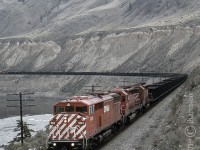 CP EMD SD40-2F 9013 is westbound along the Thompson River at Semlin with the 5557, 5769 and a loaded coal train in tow. The 9013 was scrapped in 2017. GPS is approximate. 