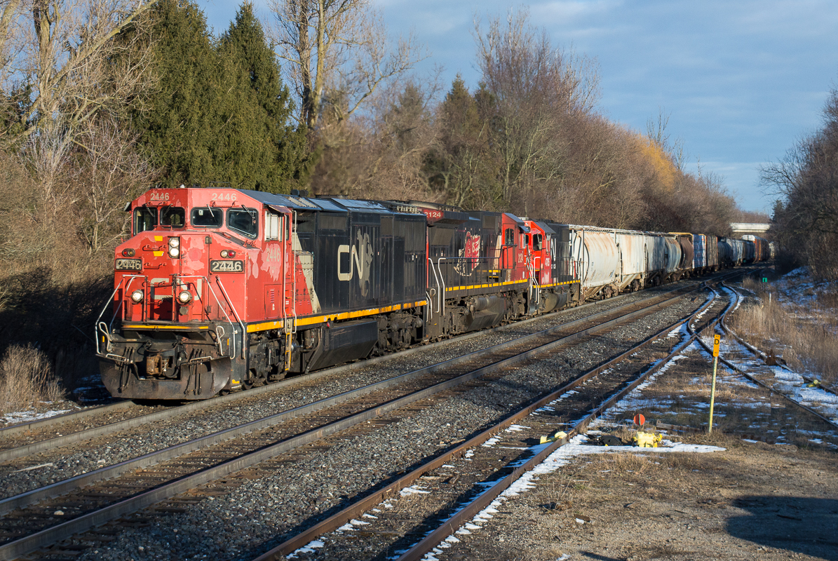 CN A43531-31 climbs the grade at Copetown for the last time in 2020 with a consist that is on borrowed time.  CN 2446, CN 2124 and CN 4705 were the main attraction for many railfans across Southern Ontario.  With the C40-8 numbers dwindling in 2020, most people were quick to find a spot to photograph them...even the train crew commented on the amount of railfans that they saw along their trip as they arrived in Brantford.  Here is to a safe and healthy 2021 for all members of the Railpictures.ca community.