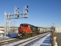 Empty grain train CN 875 is through Dorval with CN 2532 up front, CN 8883 mid-train and 187 cars.