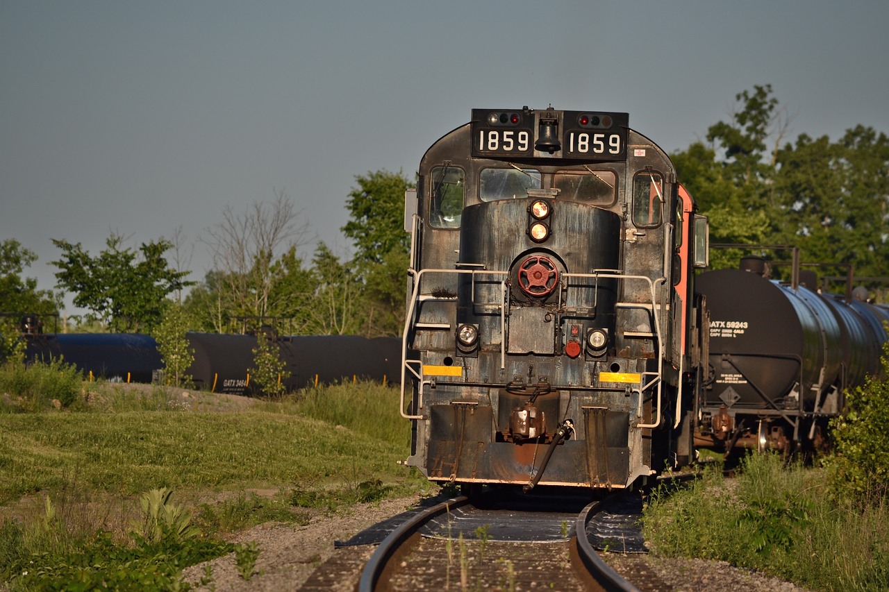It doesn't get much better than this in terms of morning light. After an early morning departure for Welland in hopes to finally scratch this engine off my list, I arrived at Feeder with 1859 and GATX 340 idling away. No denying 1859's former owner and owners. That black paint may do a good job at hiding a lot, but the red hue is still visible from 1859's original owner.