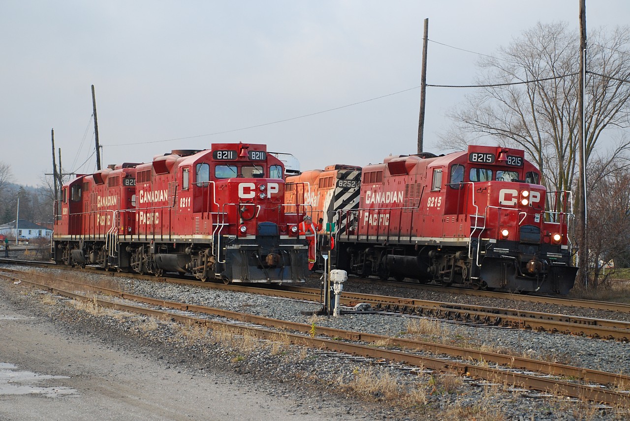 A week or two before the Ontario Southland Railway took over operation of the CP St. Thomas Sub., I paid a visit to Woodstock to photograph the local CP action for the last time.  It's 8:38 a.m. and the sun is trying to peak through the clouds as the Woodstock based train was just getting started with CP 8211 and CP 8201.  As they were slowly heading over to the "yard" to start switching out their train, CP 8215 and CP 8252 flew past on the Galt Sub.  Perfect timing for a completely unplanned photo. Sometimes you just have to be there!