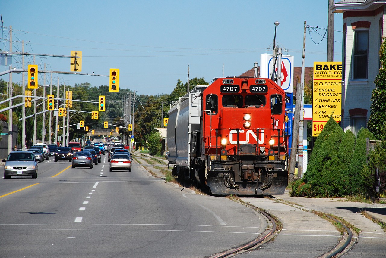 Every Wednesday, after VIA 72 departed the station, CN 580 would leave the yard to go serve the Burford Spur.  I spent many lunch hours standing at the corner of Colborne Street and Clarence Street watching the show as 580 slowly made its way along Clarence Street.  The traffic control signal at Colborne Street is manually operated by a crew member to stop vehicular traffic on both Clarence Street and Colborne Street.  The mid-block signal on Clarence Street was always green unless a train was crossing.  A traffic signal that only turns red twice a week was often missed by northbound motorists, leading to some entertaining circumstances when the vehicles got up to Colborne Street, facing a red signal and southbound train with nowhere to go.  I miss those days.  The spur is now owned by the last customer on the line, Ingenia Polymers, and contracted out to Allied Track Services who operates the spur using a trackmobile.
