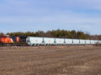 CN 3236, sporting the flashy CN 100 logo, is running solo on CN G875 - unit new build grain hoppers from NSC. These trains, originating out of Fort Erie and destined for Winnipeg, have been running occasionally since the end of October (the first was October 28) and have been  a nice treat; offering something seldom seen in the Southern Ontario railfanning landscape.