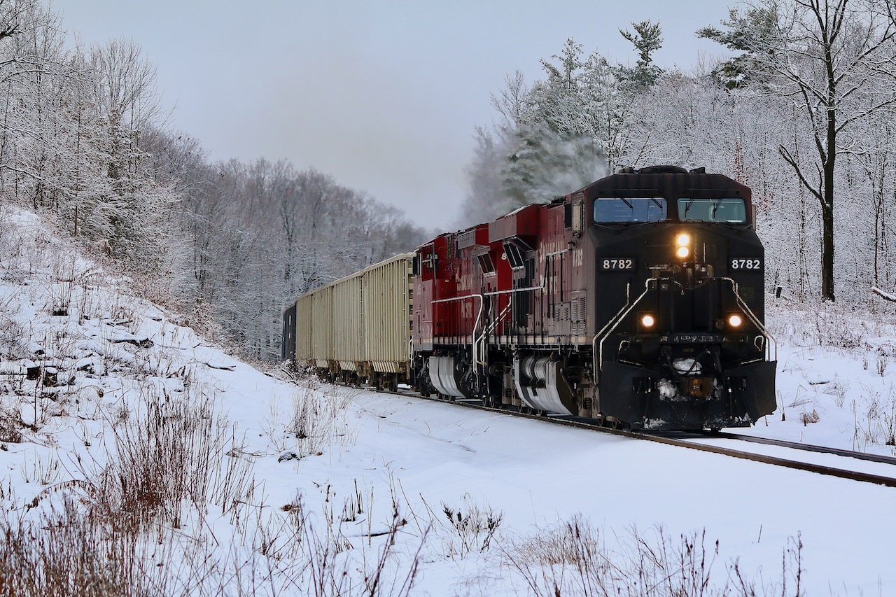 I don't spend the time I used to on the Hamilton subdivision but usually when I do the scenery typically impresses me more then the train itself. It is amazing how the higher elevation on top of the Niagara Escarpment can create much different photos then those at the bottom. While chasing a very short 247 from Hamilton I got word that one of CN's IC "Blue Devil" Dash-8's was in the consist. Unfortunately it was dropped at Lambton, but the lead unit here could almost pass for an IC unit, LOL! While the snow cover was very little in Hamilton, the scene here near Guelph Junction was much more impressive.