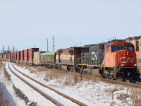 One of the more colourful CN train 148 I've seen in a while, including a SD75, BC Rail Dash-8, business car as well as inspection car. The shot here is from the Mount Pleasant GO station located in Brampton's west end. For now the triple track ends here, but in the future it will extend all the way to Georgetown. 