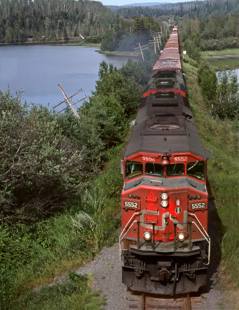 Hornepayne to Thunder Bay freight 337 crosses a lagoon off the Nipigon River on Nipigon's east side. With the closure of the Red Rock paper mill, the only on line customer, CN contracted with CP to haul eastbound tonnage from Thunder Bay to Sudbury and the line, formerly part of Canadian Northern main, was abandoned