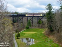 Soaring high above the Big Otter Creek, the last OSR train, and possibly the last train ever, crosses over the huge trestle in Tillsonburg. 1253' in length, not only does it cross the river valley, but it is seen here passing over the "Bridges at Tillsonburg" golf course. OSR really knew how to go out in style with these covered wagons. Well done.