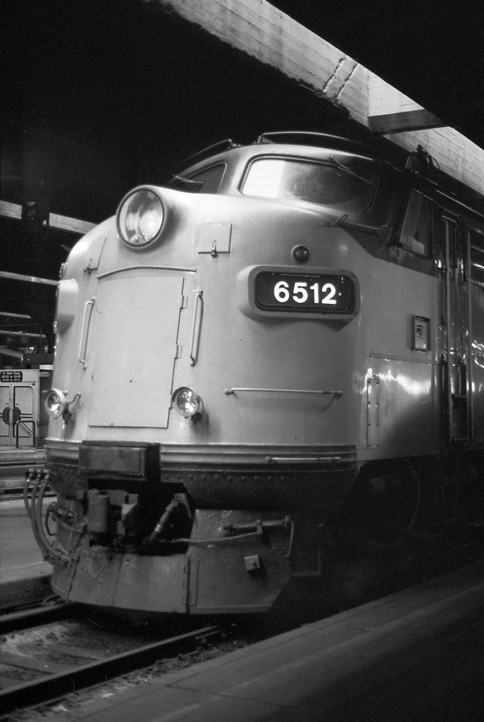 I just found a bunch of old B&W negatives from a clandestine trip I made to Toronto Union Station back when I was 20 years old.  Yes, I snuck in (very stupid thing to do) to take photographs in the late evening. I'll post a few more as I get the scans done. I will say, I walked around the platforms for about an hour with a camera on a tripod and was never questioned - which surprised me, but it was very quiet at that time. This shot is of FP9a 6512 at the head of a three car consist, I don't know which train this was. It was about 9pm.