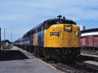 Acting like a bug catcher, VIA FPA4 6760 and FPB4 6862 lead VIA train 72 at Chatham, Ontario on July 10 1983.