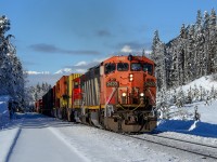 Having escaped the torch so far, CN C40-8M 2423 leads train Q11651 21 east on the Albreda Sub between Grant Brook and Fitzwilliam.