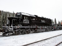 CN GP40-2 7601 and GP9 Slug (not sure on the actual designation??) 601 are making their maiden voyage east on train A412, seen here tied down awaiting a new crew west of Jasper.