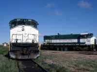 All is quiet in Assiniboia, aside from the occasional "moo" from the cows at the nearby roundhouse, repurposed as cattle pens for a livestock auction company.  GWSR 2000 and 2001, after their careers on CN, first went to the Cape Cod Central, then National Railway Equipment, before being sold to the Great Western Railway.  Long a MLW stronghold, lately GWRS seems to be switching to GEs.  