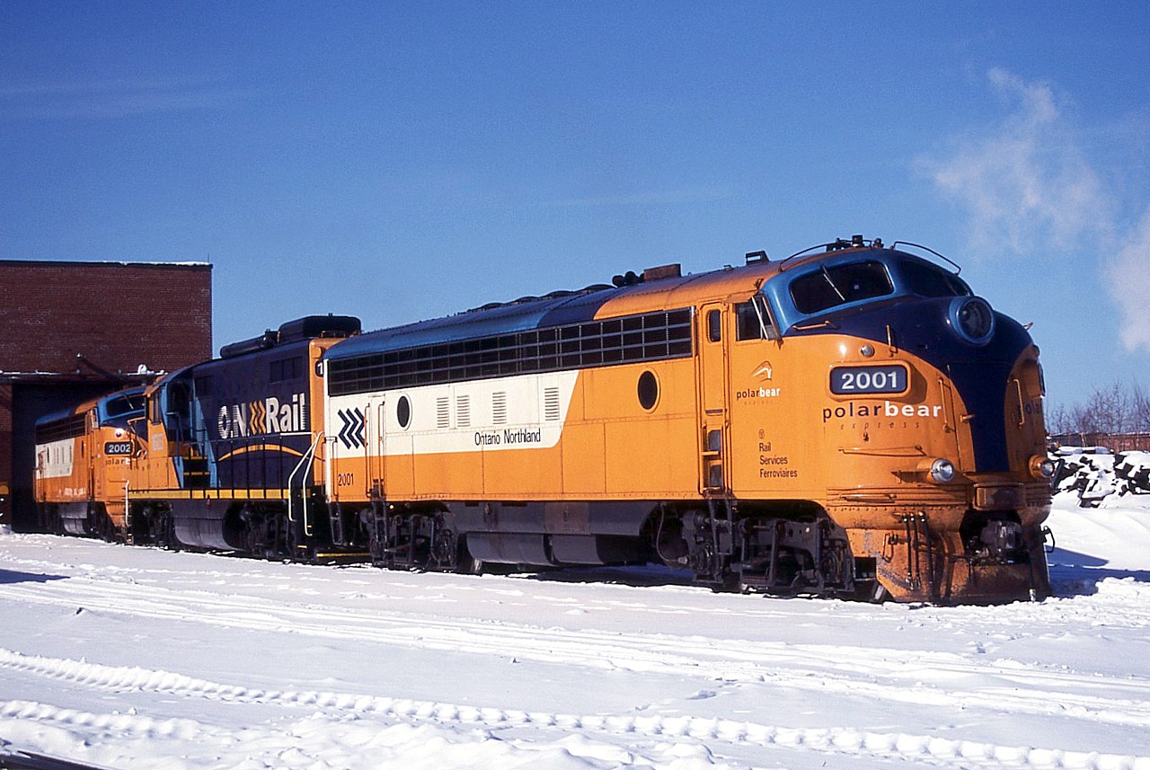 ONT 2001, 1603 and 2002 rest outside the shop on a beautiful, crisp winter day.  Gotta love the Ontario Northland.