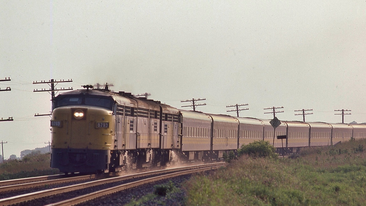 F P A – 4  ' s  


   look great in any type of light


   FPA-4  6793  and two sisters (  FPB-4 & FPA-4  ) are in charge of a fourteen car VIA #68 BONAVENTURE 


 slowing to stop near mile 279 Kingston Subdivision....


 ….to entrain :


 stranded #66 passengers  


 ...  A   B   A   lashup of MLW' s on a hot humid sticky Sunday afternoon, July 25, 1982 Kodachrome by S.Danko


 Noteworthy 


  FPA-4 6793: the last built, MLW 1959, resides at the Grand Canyon Railroad


  Kingston Subdivision note the ribbon rail


 More   F P A – 4  ' s


  at Bowmanville