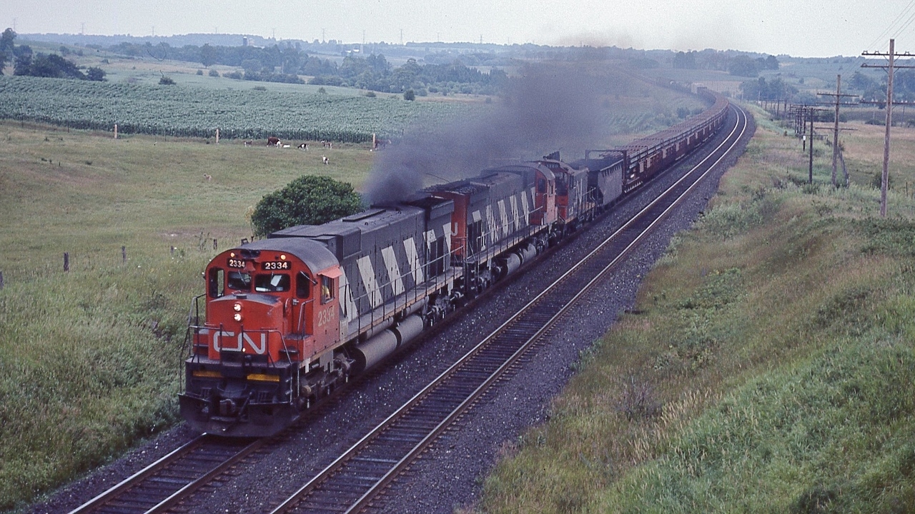Matching pair of  MLW M-636 's ( built 1971 – 1970 )


  CN 2334 and sister 2304  have  GMD SW1200RS #1380  with rail train and mixed freight in tow 


  at the Newtonville Road overpass July 25, 1982 Kodachrome by S.Danko