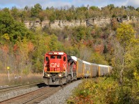 Hard to resist a standard cab dash-8 in great light.  After shooting <a href=http://www.railpictures.ca/?attachment_id=41374>M331 a short time earlier</a> with 2452, the sun finally came out for E273's appearance working up the grade through Dundas.  With fall colours surrounding the area the peak is packed and more people seen at left are making their way up.