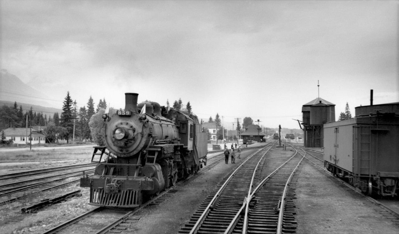 Engine 859 at Golden.  Taken from rear of train no. 4 as it was passing by.  Golden station visible in distance.