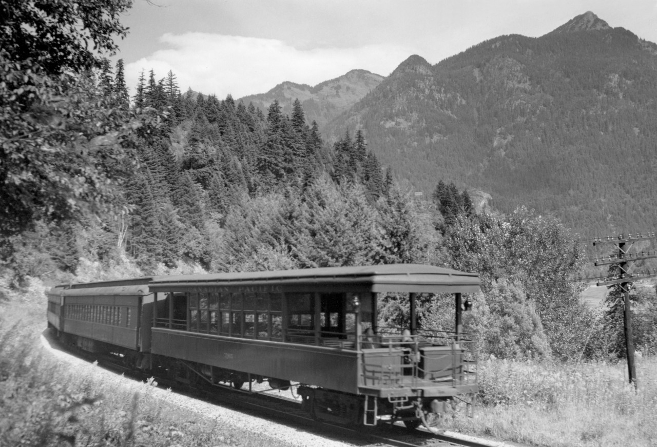Observation car 7915 on train no. 2 at Haig.  Ogilvie mountain is visible.