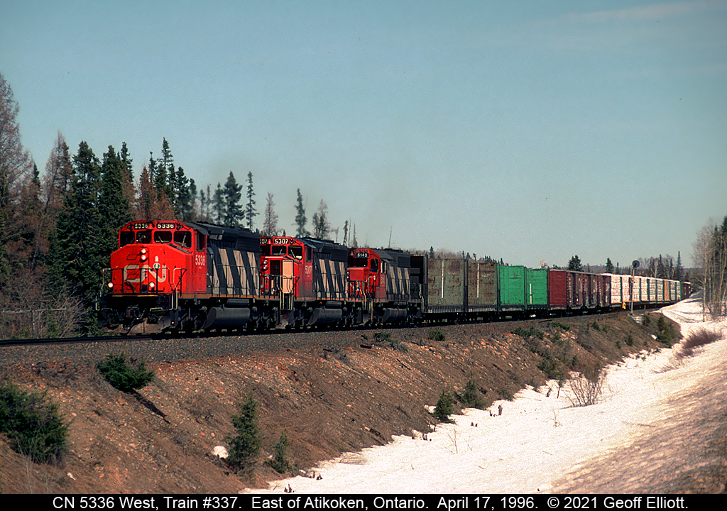 Back in the late '90's and early 2000's I had the opportunity to work "up North" quite a bit, supporting Offices from Sudbury to Rainy River, Ontario.  There were numerous locations to shoot trains along the way so I always had my camera with me.  Here's a lucky one from a return trip from Fort Frances to Thunder Bay.  Had the radio going and happened to hear a CN train calling a signal on the CN Kashabowie Sub.  As the line is only visible in a few locations from Highway #11 I quickly turned around and went back west to the last 'open' spot where the main was visible  Shortly there after I could hear rumbling of the train approaching.  Here is CN 5336 West, Train #337, heading from Thunder Bay to Fort Frances on April 17, 1996.  I really miss all those trips up north....