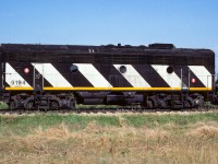 Roster shot of the 9194 taken on the fly north of Egremont. The complete lineup included the 5590, 9194, 9107 and 9159. For some reason the 9194 received a unique paint job (9194 in black letters) when compared to the other re-built F unit B's. More on this can be found in Vol.20, No.1 of the CNRHA magazine CN Lines, plus there is another photo of the 9194 showing the right side and how the zebra stripes are reversed (but with 9194 in white letters). Vol.20, No.2 of CN Lines has info for those that interested in modelling F units.