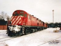 CP 4229, 4239, 8239 and 8243 are viewed idling away during a Saturday morning at CP's Quebec Street yard in London. The units had just come off a westbound junk train after completing their journey on the Galt Subdivision.