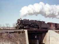 CPR P2e 5370 (built by CLC in October 1926, scrapped November 1960) leads a westbound CP extra freight over CN's Oakville Sub, crossing over Cooksville Creek (at Mile 11.8) east of Port Credit near "CN Lakeview". Trailing behind the power is a fresh-looking Atlantic Coast Line boxcar, ACL 22491.