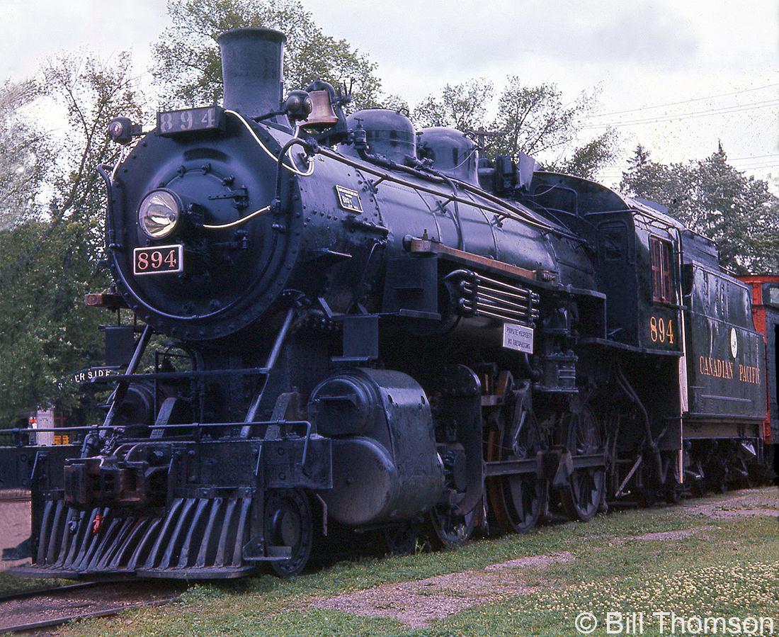 Canadian Pacific 894 (a D10g-class 4-6-0 built in 1911) is shown on display near Riverside Park in Preston, Ontario in 1961. It was donated 1964 to the Doon Pioneer Village (Waterloo Regional Museum) in Kitchener, where it resides today (for a Bruce Lowe photo of it being delivered, see here).