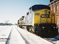 Here on an incredibly cold but sunny winter afternoon, CSX 7572 and 7756 are viewed idling beside the historic Canada Southern Railway station. This power was likely off CSX R320, which would tie-down here and not continue to Buffalo. Eventually it would become R321 simply departing St Thomas then it would ‘cab hop’ to Fargo, where it would lift all the traffic off the North end and continue to Windsor and Detroit.