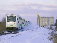 Nearing the end of it's journey from Toronto, GO 304 leads train P3923 past the Parrish & Heimbecker Grain Terminal at Shantz Station.  Though station is in the name, one never existed here.  As per Waterloo archives, when the Grand Trunk built their line in 1856 through Waterloo Township the farm of a Mennonite family was located along here. The family, Samuel Y. Shantz, his wife Esther and their 12 children lived here from 1846-1867 (they then sold the farm and moved to a new one in North Dumfries Township). When the GTR built the line it was laid through the Shantz farm, with plans to build a station and grow a community from there. Nothing was built other than a post office, closing in 1863.