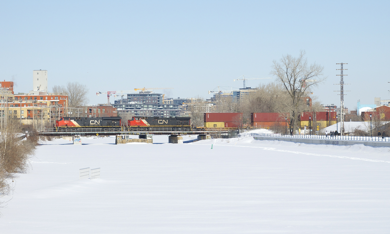 CN 2815 and CN 2534 are the power on CN X105, which has traffic from the Port of Montreal for the west coast as it crosses the Lachine Canal.