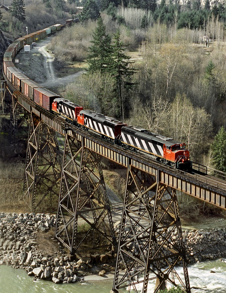 Eastbound general freight crosses Anderson Creek just west of crew change point of Boston Bar in the Fraser Canyon